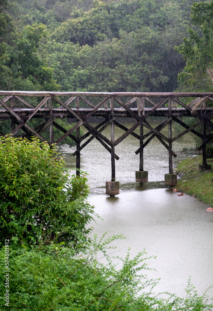 Ponte sobre o lago do Jardim Botânico de Curitiba em dia de chuva.