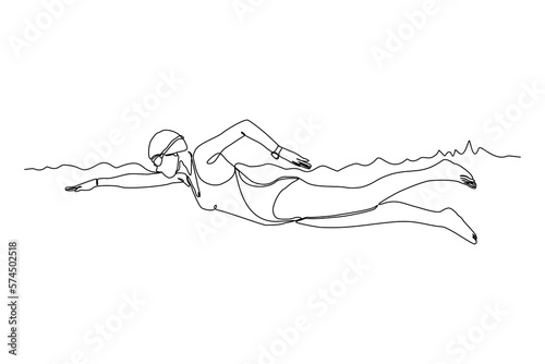 Continuous single one line drawing of professional woman swimming athlete training in the pool. Vector illustration of sport healthy lifestyle