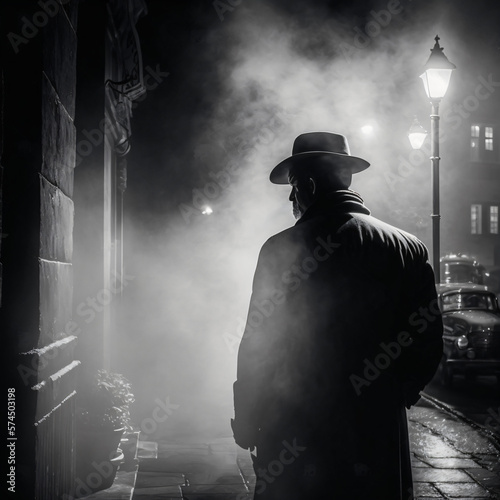 a mysterious man wearing a trenchcoat and hat walking down a foggy street in a black and white mafia-style illustration Generative Ai photo