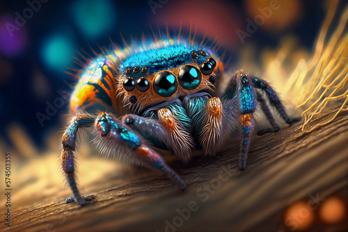 Colorful Jumping Spider, Cute Spider, Abstract art created with generative ai technology.  © William