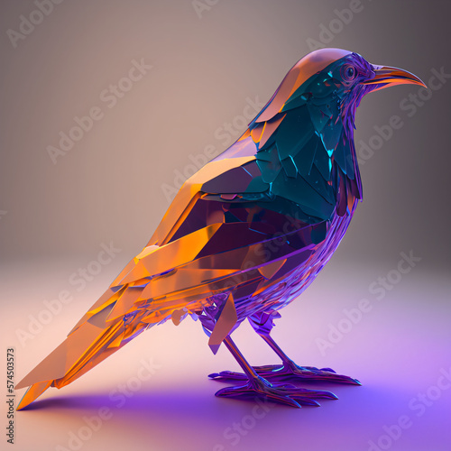 crystal raven bird sculpture with orange and purple colors 3d render isolated on a white background generative ai photo