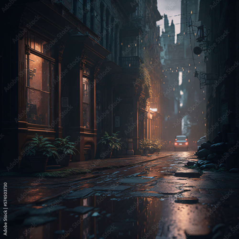 a small wet street by the rain with old shops and buildings illustration concept art Generative Ai