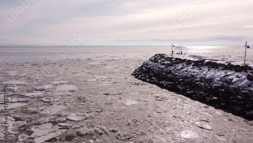 Iced river aerial view in La Malbaie Charlevoix Quebec Canada photo