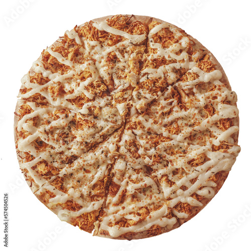 Brazilian pizza with mozzarella, chicken, catupiry and oregano (Frango com Catupiry) - Top view.