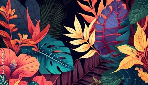 A colorful tropical pattern with vibrant leaves and flowers, a lively and festive illustration perfect for a summery vibe