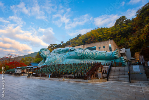 Fototapeta Naklejka Na Ścianę i Meble -  Fukuoka, Japan - Nov 21 2022: Nanzoin Temple in Fukuoka is home to a huge statue of the Reclining Buddha (Nehanzo) which claims to be the largest bronze statue in the world.