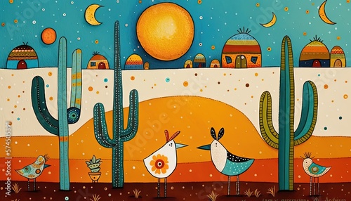 cute children design style illustration of desert village, Generative Ai photo