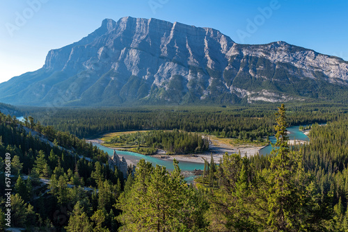 Bow river and hoodoo rock formations at Surprise Corner, Banff national park, Alberta, Canada.