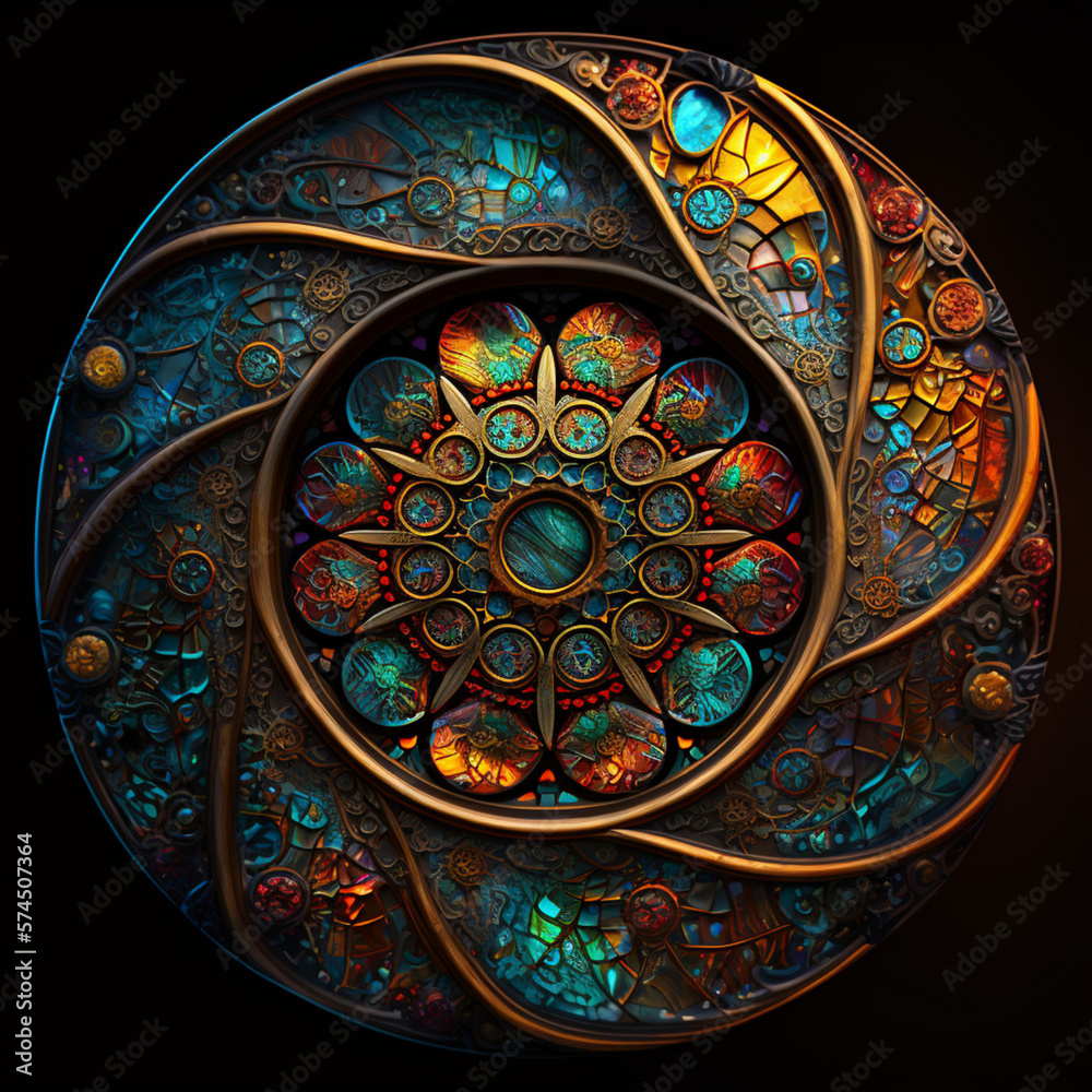 stain glass colorful photography extremely detailed 8k volumetric lighting textures circle symmetrical close up eyes gold sunlight