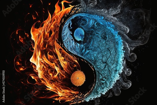 Yin-Yang inspired Contrast between Fire and Ice, Balance, Life Meditation, Ai, Ai Generated