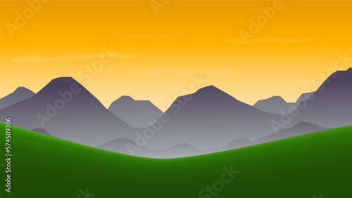 landscape cartoon scene background. green meadow with mountain as layer and sunset sky 