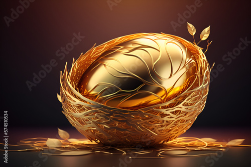 a golden egg in the bird's nest. background with copy space. easter sunday luxury greeting card concept. no letters photo