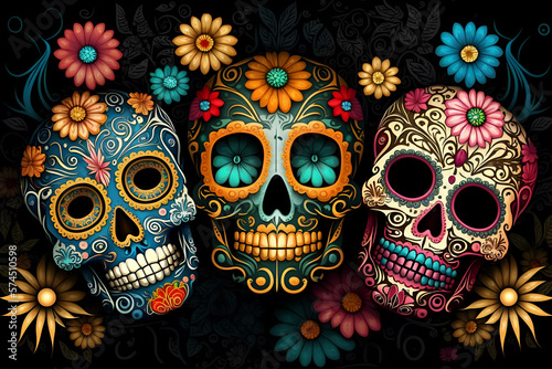 sugar skulls, day of the dead, colorful, flowers. represent the departed souls in the circle of life