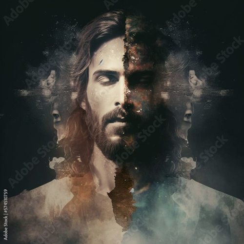 Jesus Christ with closed eyes with fragmented face, black background, generative Ai