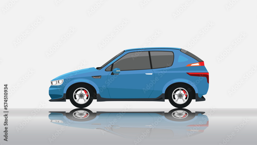 Concept vector illustration of detailed side of a flat electric vehicle car blue color. with shadow of car on reflected from the ground below. And isolated white background.