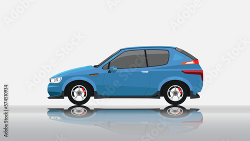 Concept vector illustration of detailed side of a flat electric vehicle car blue color. with shadow of car on reflected from the ground below. And isolated white background.