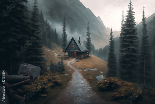 A cabin in the middle of a forest with fog and trees on the mountainside and a foggy sky above it, with a path leading to a cabin in the middle of the woods, Generative AI 