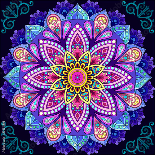 Mandala flower shape with a mix of colors, pink, yellow, purple and blue 