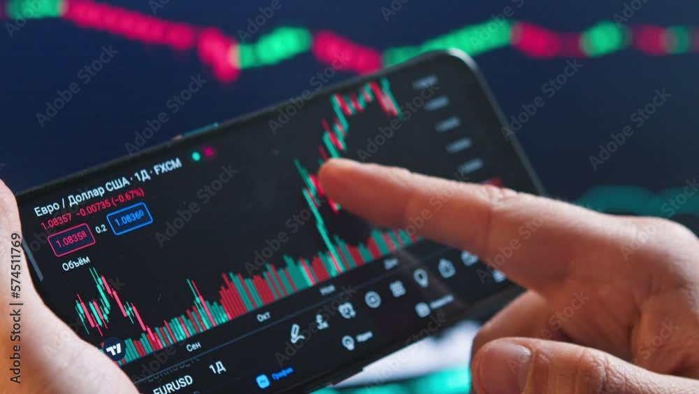 Hands broker and financial analyst checking a bitcoin price chart on a digital exchange mobile phone screen, the concept of predicting future cryptocurrency prices 