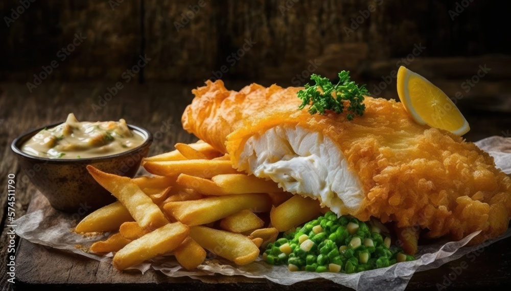 A classic British dish, fish and chips features deepfried haddock or