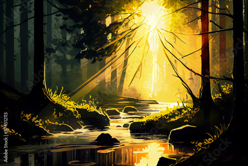 Background Into the jungle, river in the forest, sunset yellow felling - generative ai