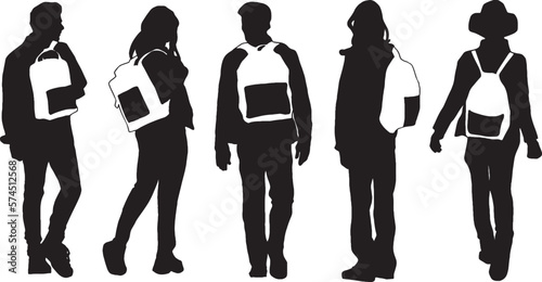 Set of vector realistic silhouettes of man and woman standing with backpack in different poses. Isolated on white background