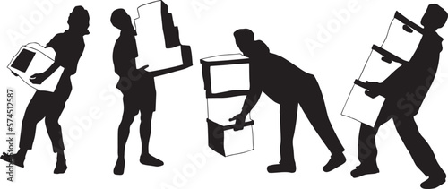 Silhouettes of people carrying cardboard boxes
