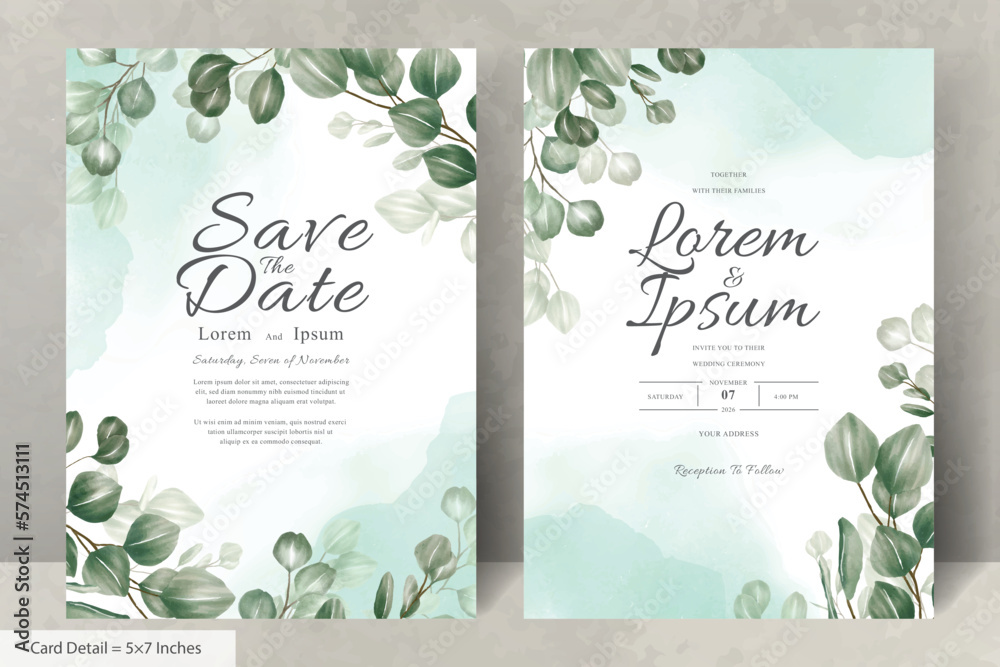 Set of greenery Wedding Invitation Card Template with Eucalyptus Arrangement Leaves