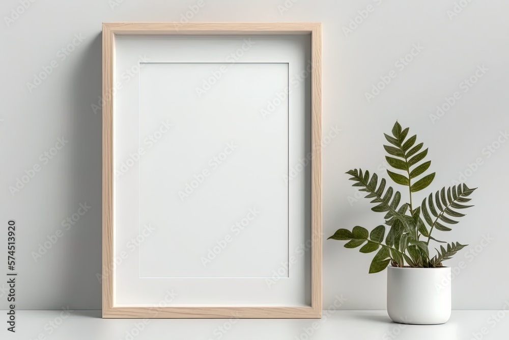 Blank picture frame mockup on wall in modern interior. Artwork template  mock up in interior design. Wooden Picture Frame Mockup on White Wall  Minimalist - Generative AI Illustration Stock | Adobe Stock