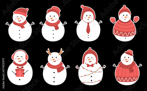 Set of cute Christmas snowmen. Set of cute funny snowmen. Cheerful christmas snowmen in different costume with gift, hat, tie, syal, earphone, scarf, and gloves photo