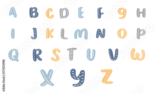 Uppercase letters. Cartoon alphabet. ABC. Funny hand drawn graphic font. 