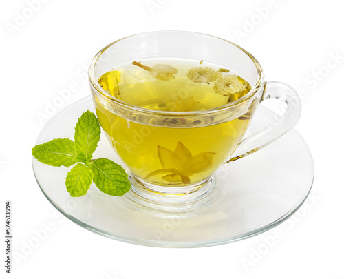 Chrysanthemum tea in a glass isolated