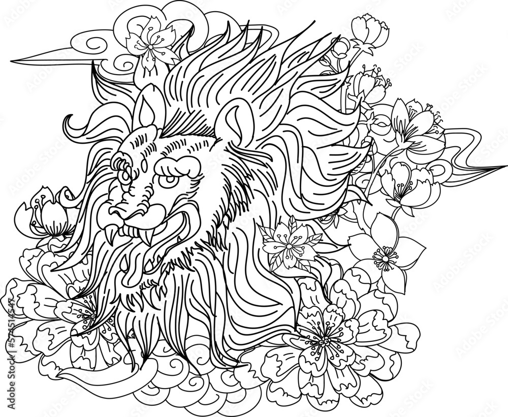 colorful traditional tattoo style Tiger face with cherry blossom and hibiscus flower on could and red rising sun background.Chinese Tiger roaring tattoo.Traditional Japanese culture for printing
