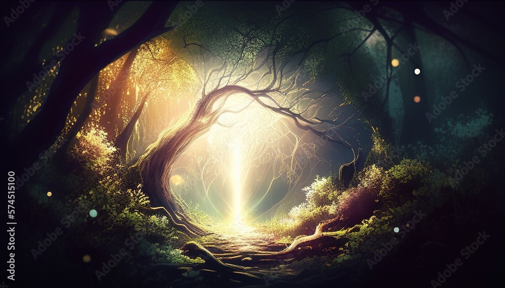 A mystical illustration of light streaming through the forest, a magical and ethereal scene full of wonder