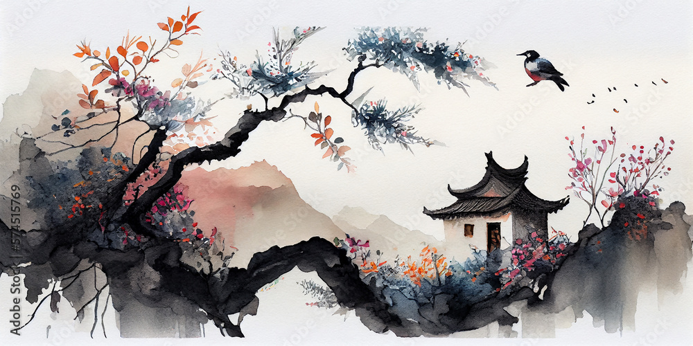 Japanese Watercolor Inspired Illustration with Pagoda and Trees. generative ai
