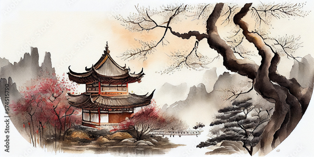 Japanese Watercolor Inspired Illustration with Pagoda and Trees. generative ai
