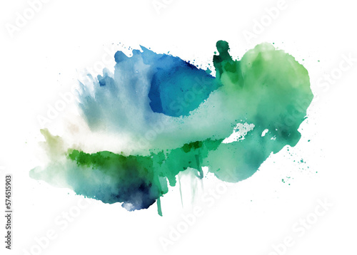 Abstract watercolor brush stokes and splash in green and blue. Transparent PNG.