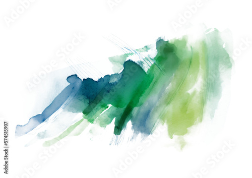 Abstract watercolor brush stokes and splash in green and blue. Transparent PNG.