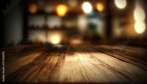 Wooden top table with bokeh light effect and blur restaurant on background, blur background. Generative AI