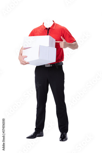Delivery man without head pointing at parcels isolated on white © Kitti bowornphatnon