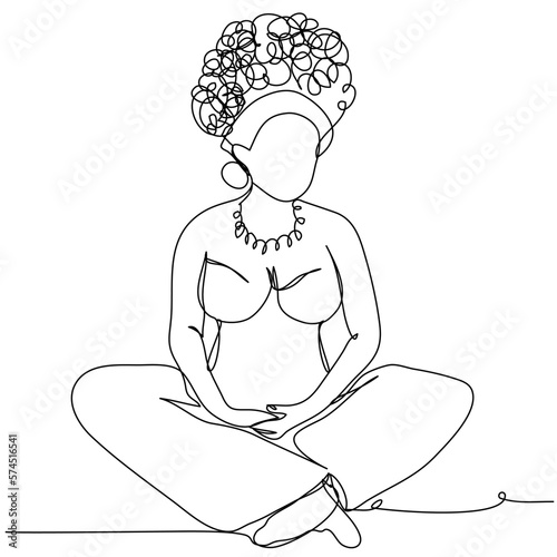 A pregnant woman with curls sits in a lotus position in one line on a white background. African American woman preparing to become a mother. Stock vector illustration with editable stroke.