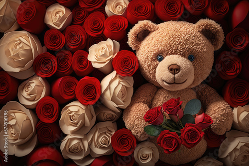 Brown teddy bear on a bed of red roses to show love and romance on Valentine's Day, background, wallpaper, romantic, passion, lover, couple
