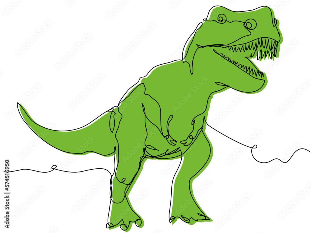 Obraz premium Dinosaur in one line on a white background. Tyrannosaurus rex concept with green silhouette and minimal outline. Stock vector illustration with editable stroke.