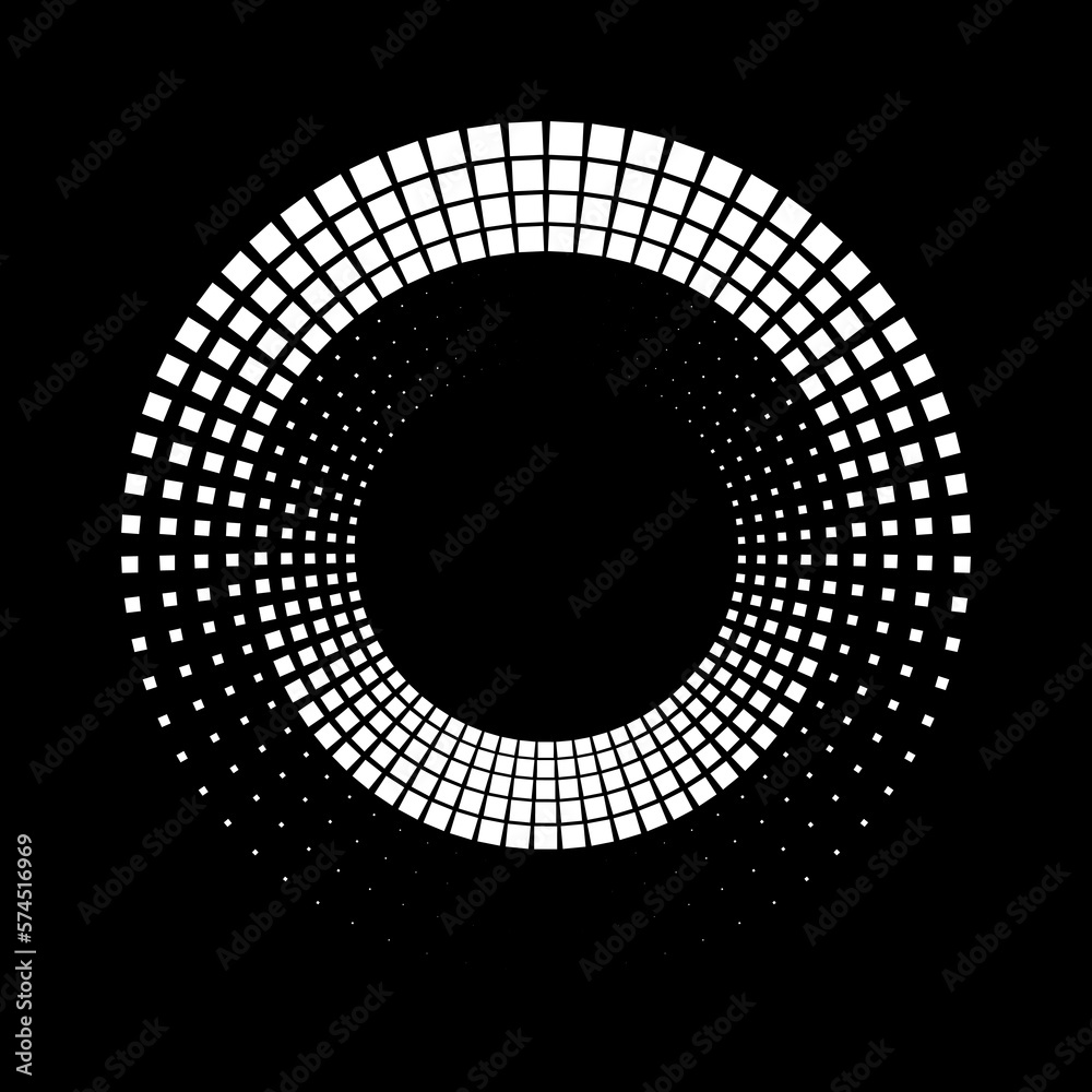 White square halftone dots in circle form. Geometric art. Vector illustration. Circular shape. Trendy design element for border frame, round logo, tattoo, sign, symbol, web pages, print
