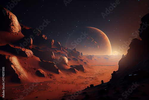 moon rising over desolate martian landscape  red rocks  mars  generative ai
