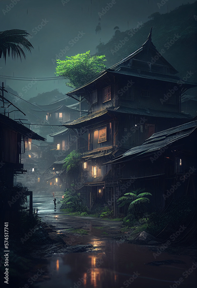 indonesian village with cyberpunk style