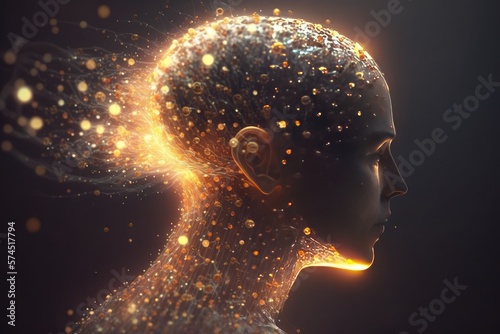 Energy, data, electricity from the human mind. Glowing thoughts, innovation, and ideas. Computer AI concept.