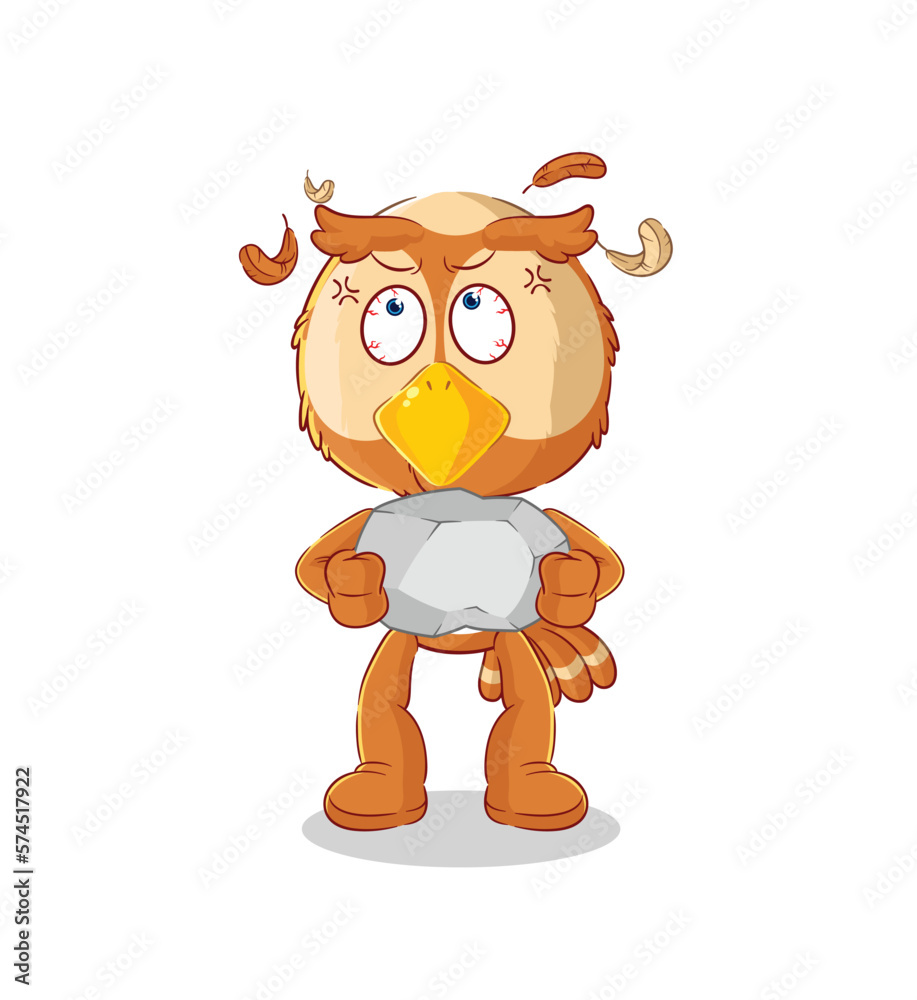 Fototapeta premium owl lifting rock cartoon character vector
