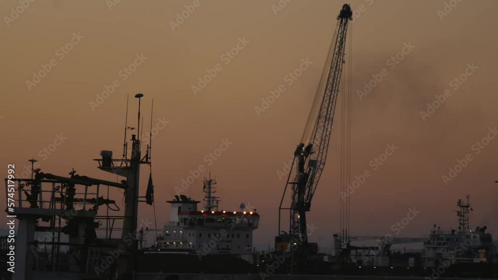Sines harbor in Portugal, crane and ships, sunset sky, orange colors and flying bird Sines harbor in Portugal, crane and ships, sunset sky, orange colors and flying bird