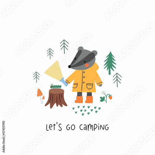 Cute cartoon Summer Camping. Adventure, tourist areas, camp and badger. Colorful vector outdoor illustration in flat cartoon style.